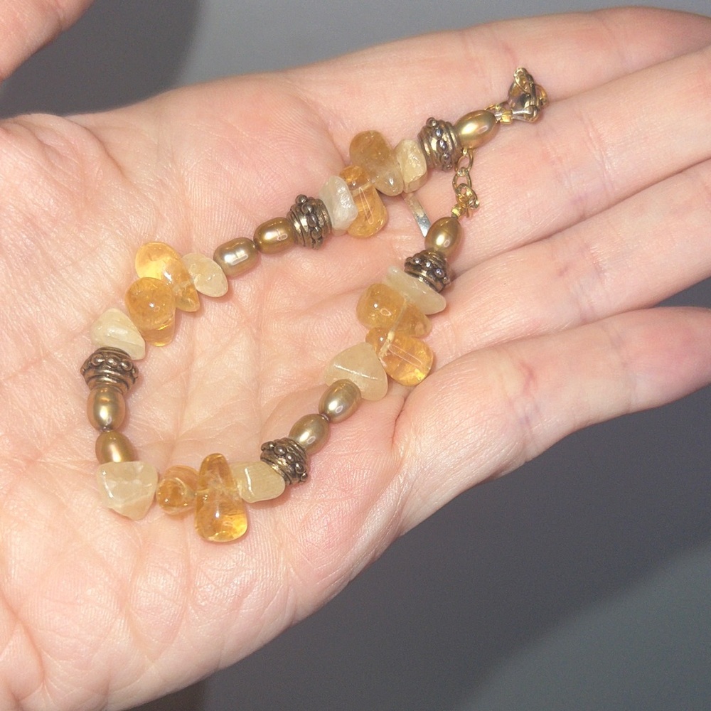 Boho Vintage Citrine & Quartz Beaded Bracelet Handmade MCM gemstones Dainty New